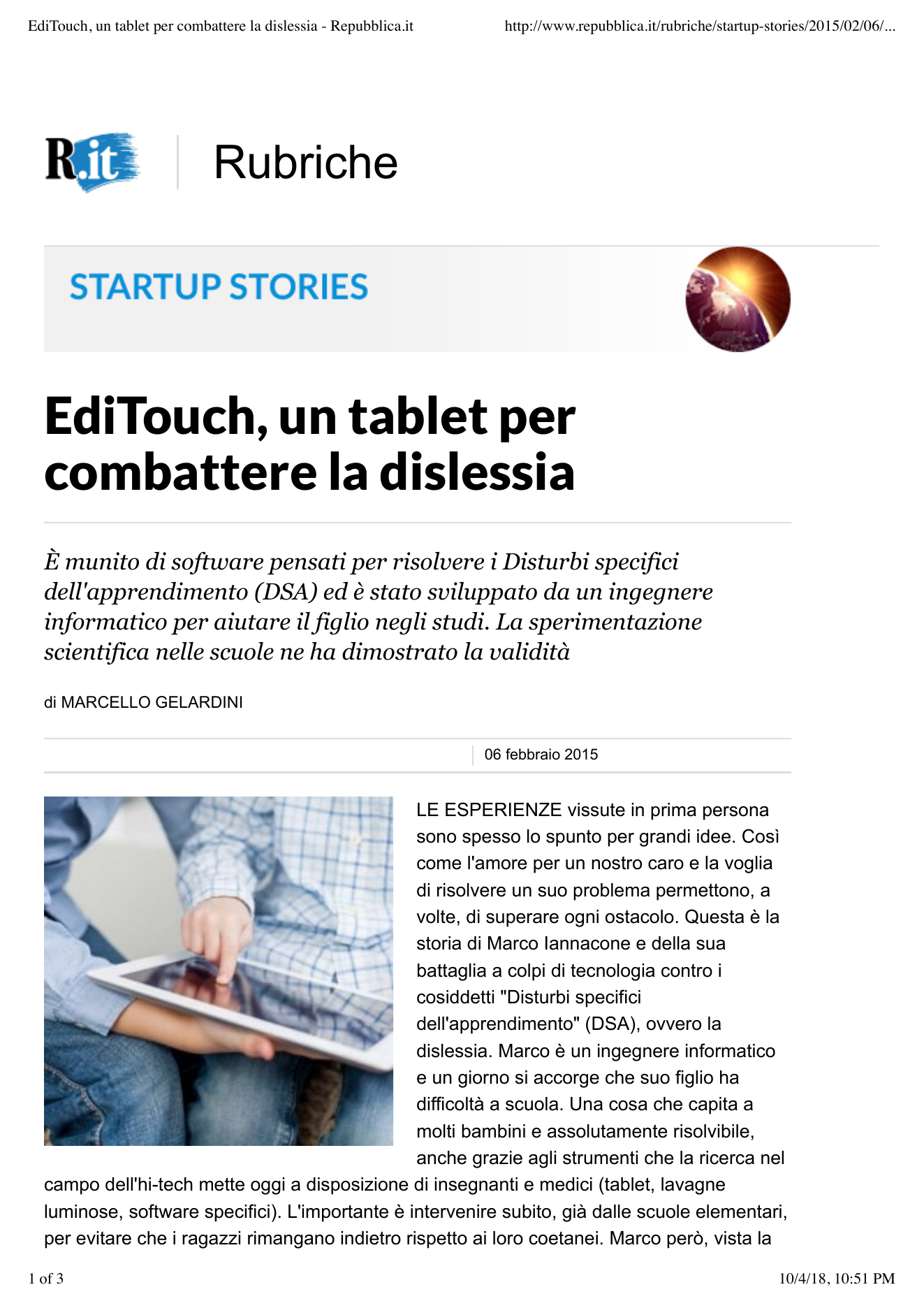 Repubblica article screenshot about EdiTouch